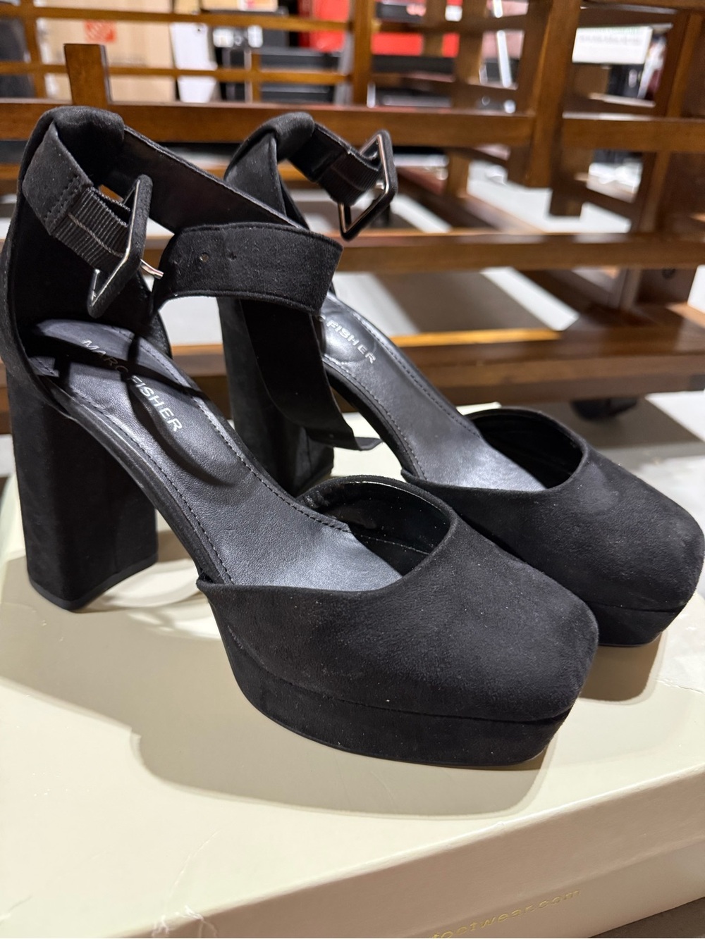 Marc Fisher Black Suede Platform Block Heels with Ankle Strap